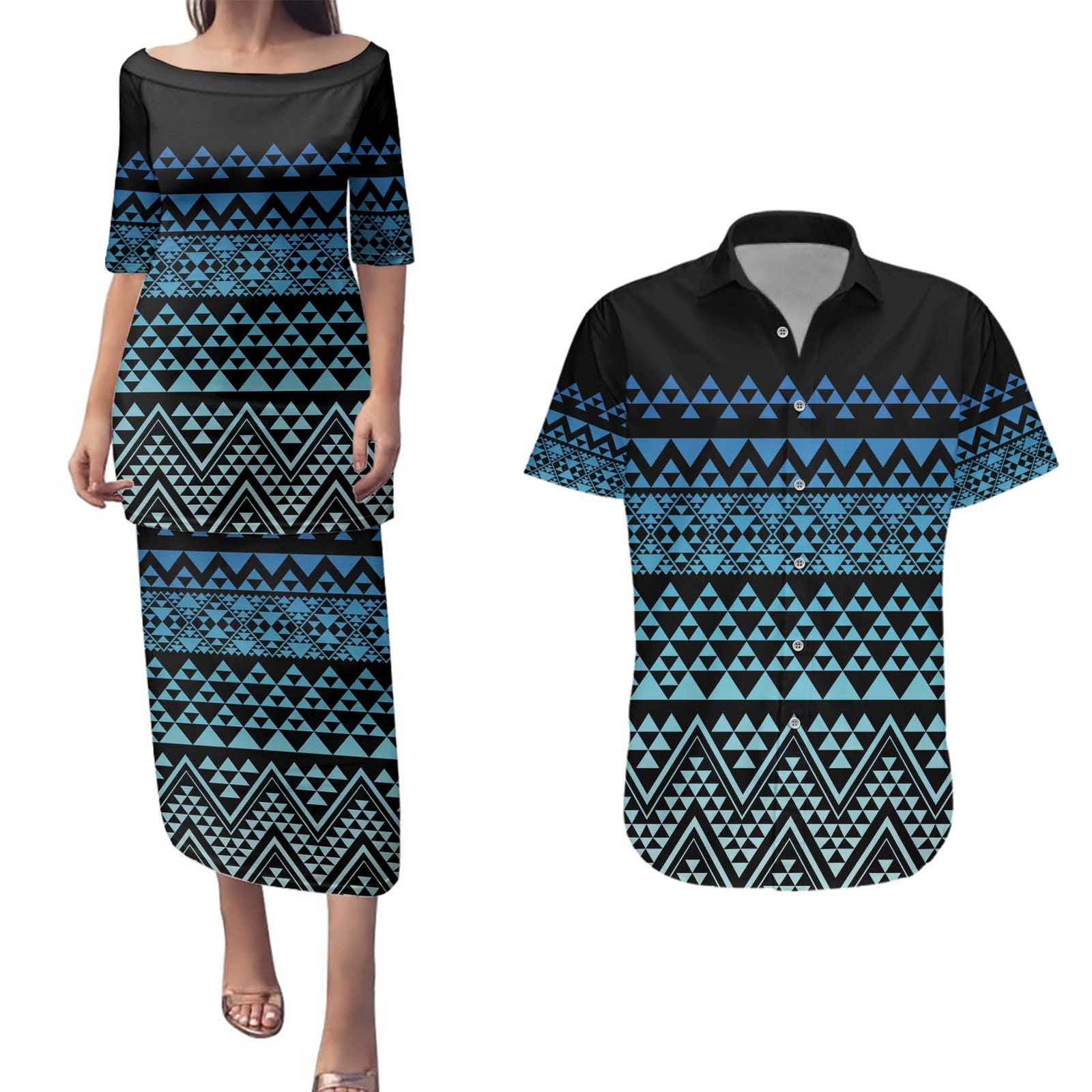 Maori Niho Taniwha Te Wheiao Couples Matching Puletasi and Hawaiian Shirt Moana Blue LT7 Blue - Polynesian Pride