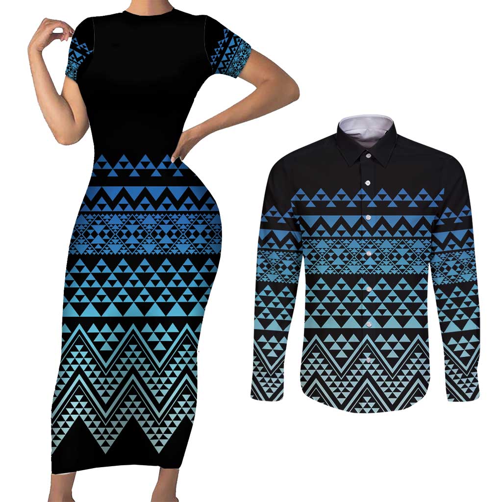 Maori Niho Taniwha Te Wheiao Couples Matching Short Sleeve Bodycon Dress and Long Sleeve Button Shirt Moana Blue LT7 Blue - Polynesian Pride