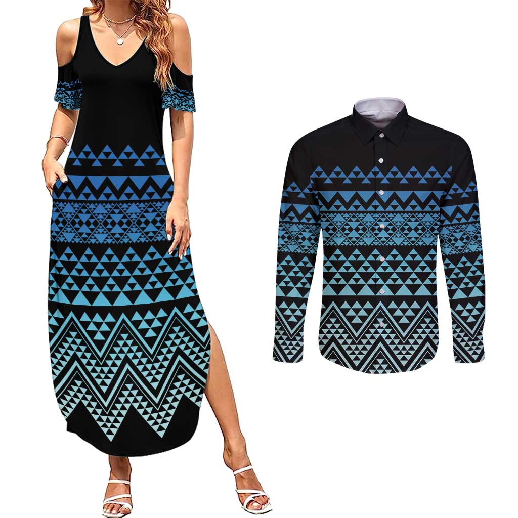 Maori Niho Taniwha Te Wheiao Couples Matching Summer Maxi Dress and Long Sleeve Button Shirt Moana Blue LT7 Blue - Polynesian Pride