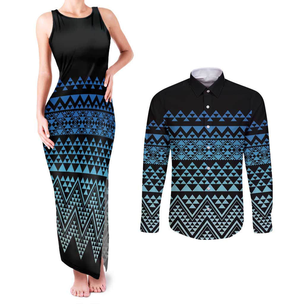 Maori Niho Taniwha Te Wheiao Couples Matching Tank Maxi Dress and Long Sleeve Button Shirt Moana Blue LT7 Blue - Polynesian Pride