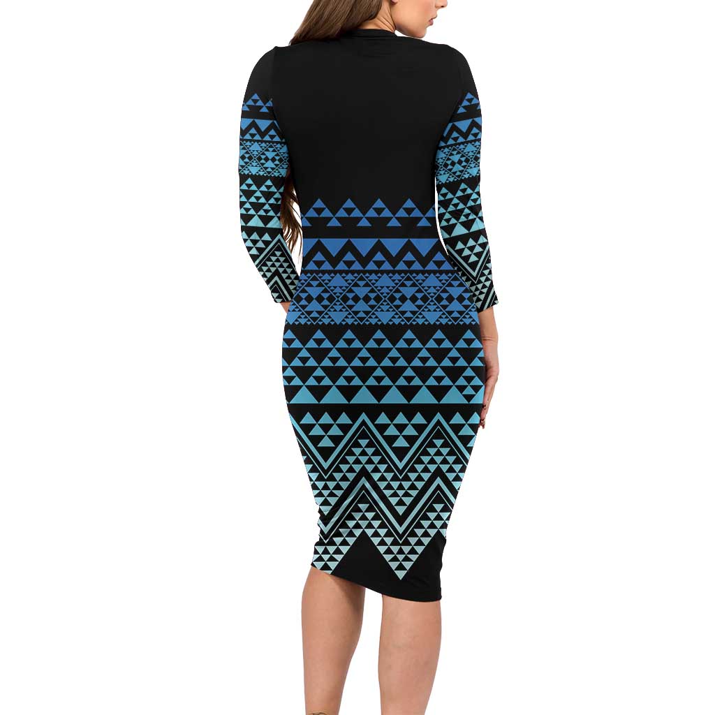 Maori Niho Taniwha Te Wheiao Family Matching Long Sleeve Bodycon Dress and Hawaiian Shirt Moana Blue - Polynesian Pride