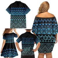 Maori Niho Taniwha Te Wheiao Family Matching Off Shoulder Short Dress and Hawaiian Shirt Moana Blue - Polynesian Pride