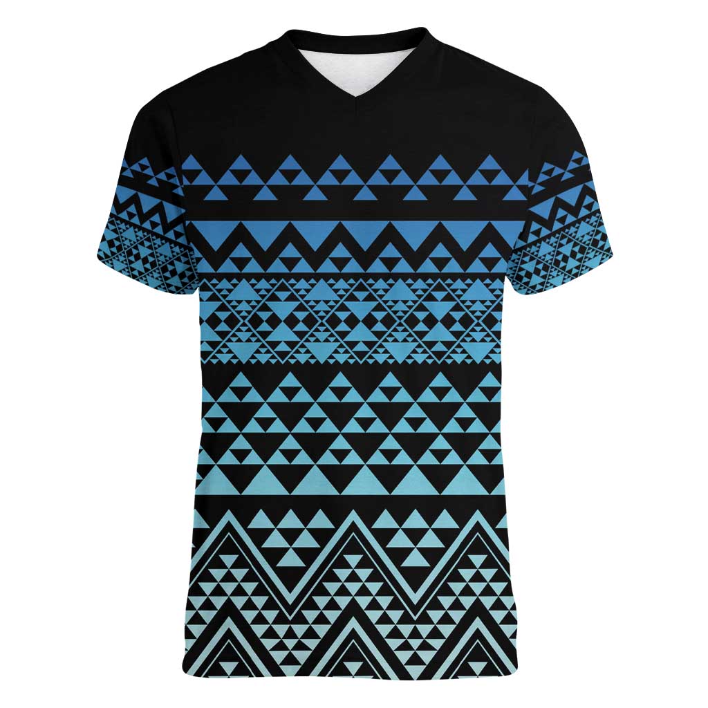 Maori Niho Taniwha Te Wheiao Women V-Neck T-Shirt Moana Blue LT7 Female Blue - Polynesian Pride