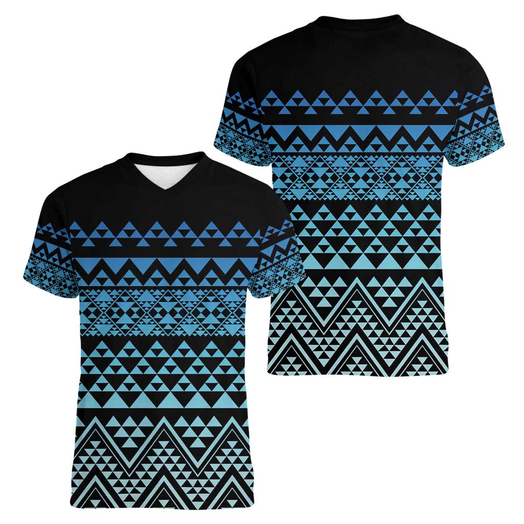 Maori Niho Taniwha Te Wheiao Women V-Neck T-Shirt Moana Blue LT7 - Polynesian Pride