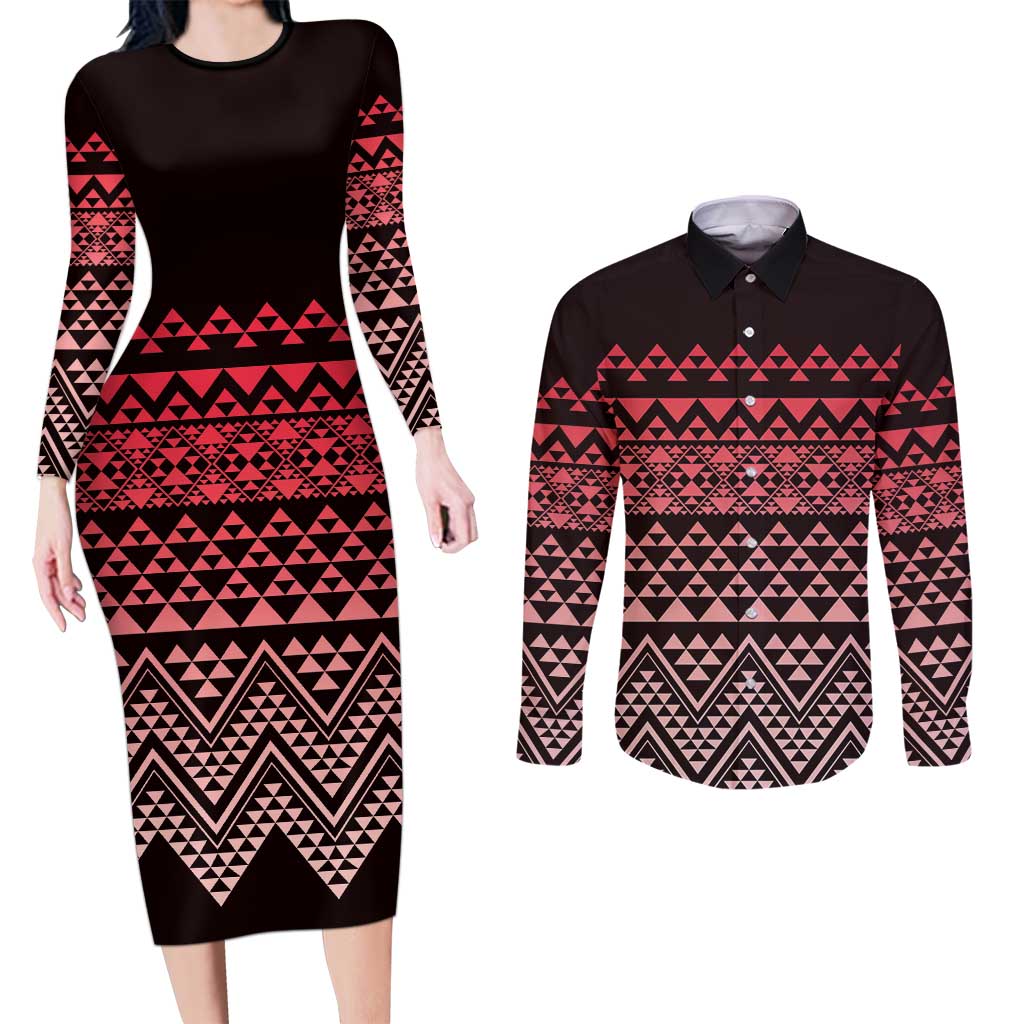 Maori Niho Taniwha Te Wheiao Couples Matching Long Sleeve Bodycon Dress and Long Sleeve Button Shirt Terracotta LT7 Terracotta - Polynesian Pride