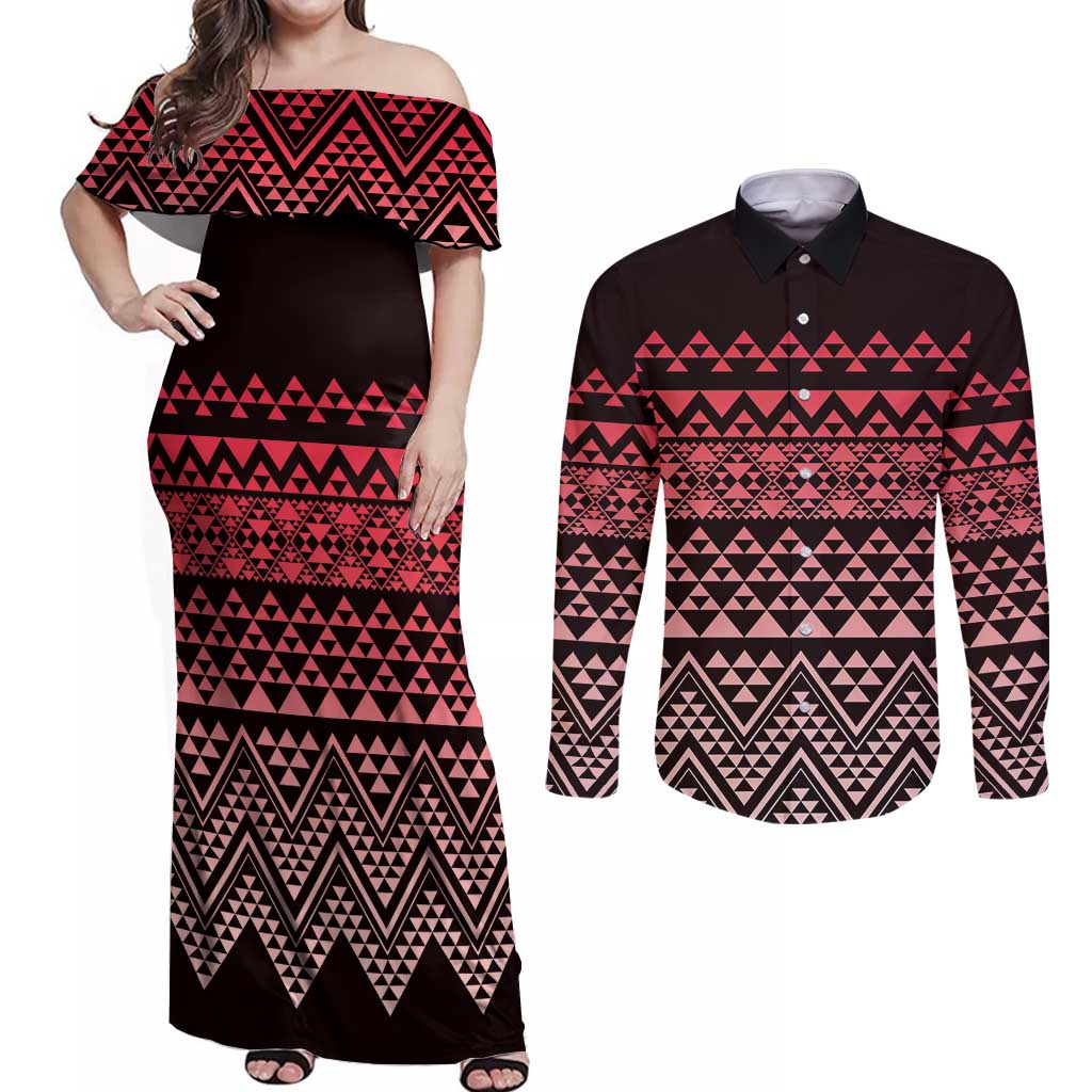 Maori Niho Taniwha Te Wheiao Couples Matching Off Shoulder Maxi Dress and Long Sleeve Button Shirt Terracotta LT7 Terracotta - Polynesian Pride