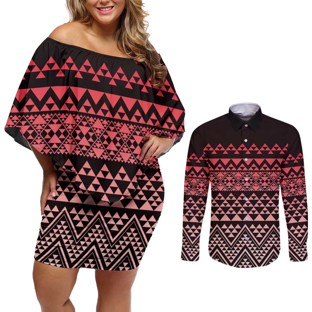 Maori Niho Taniwha Te Wheiao Couples Matching Off Shoulder Short Dress and Long Sleeve Button Shirt Terracotta LT7 Terracotta - Polynesian Pride
