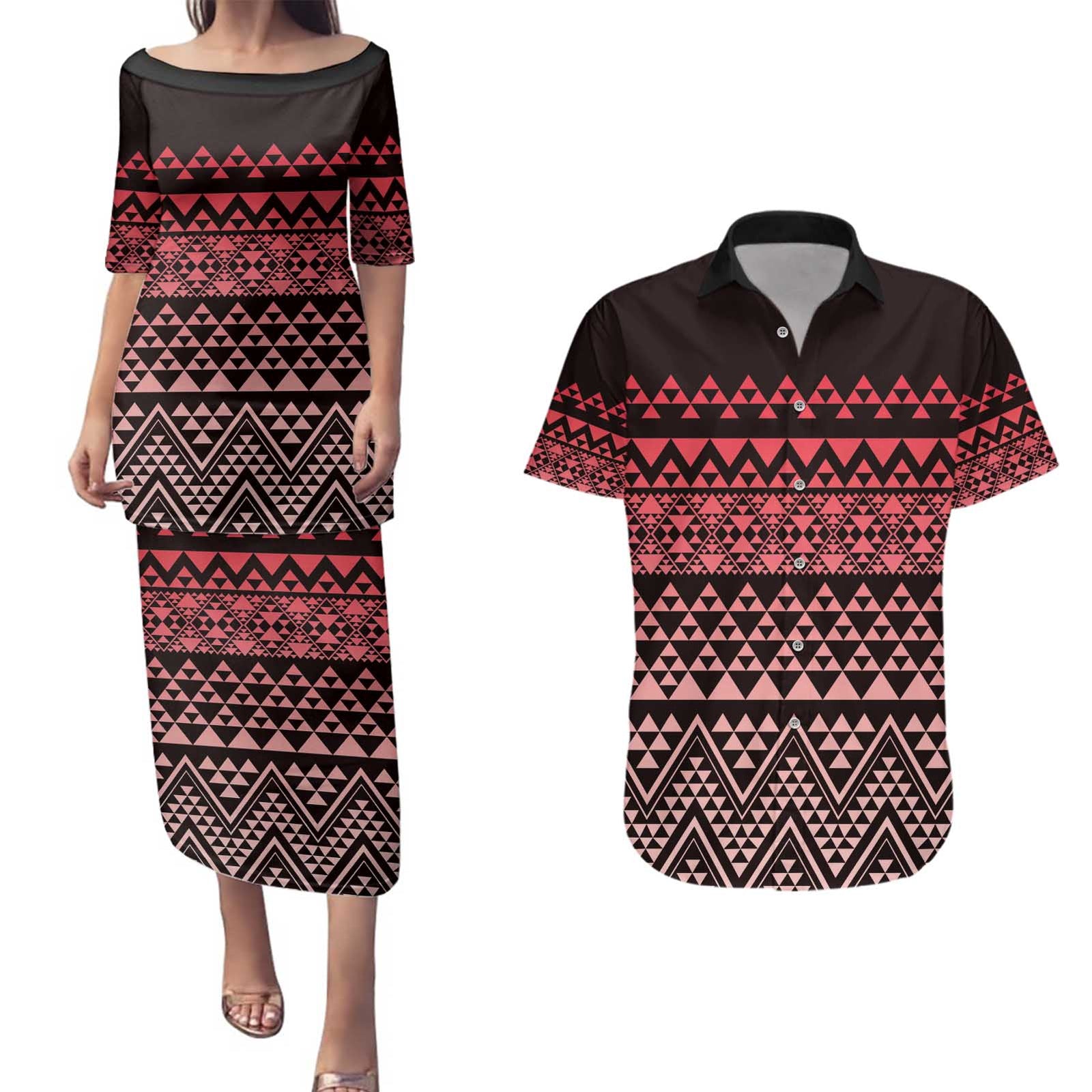 Maori Niho Taniwha Te Wheiao Couples Matching Puletasi and Hawaiian Shirt Terracotta LT7 Terracotta - Polynesian Pride