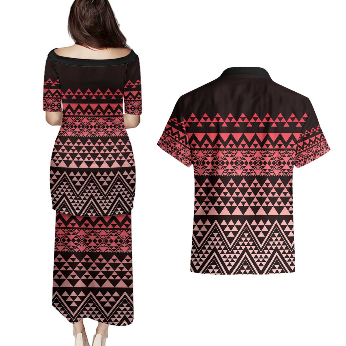 Maori Niho Taniwha Te Wheiao Couples Matching Puletasi and Hawaiian Shirt Terracotta - Polynesian Pride