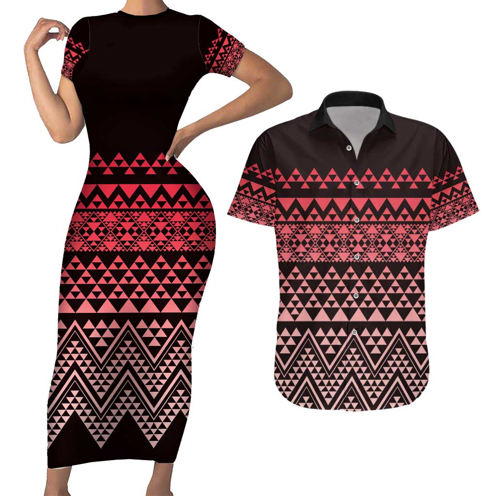 Maori Niho Taniwha Te Wheiao Couples Matching Short Sleeve Bodycon Dress and Hawaiian Shirt Terracotta - Polynesian Pride