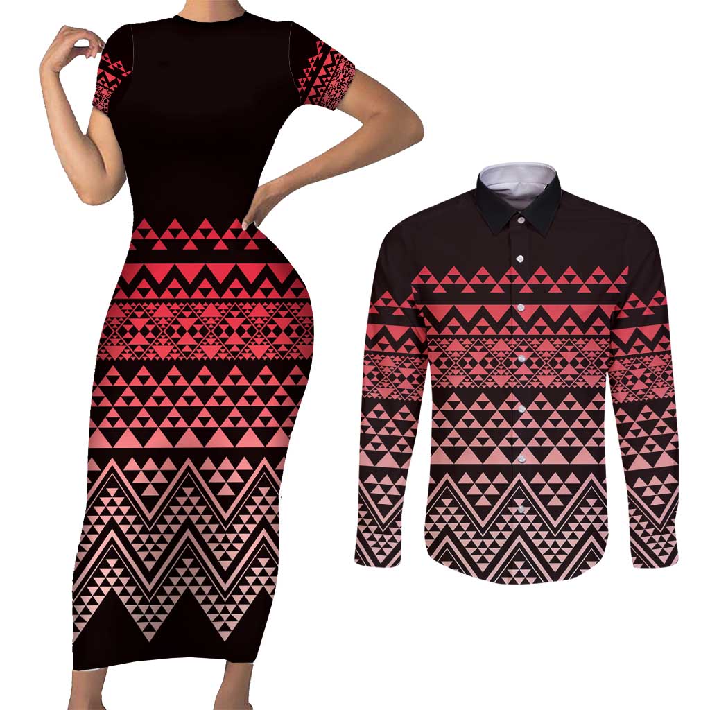 Maori Niho Taniwha Te Wheiao Couples Matching Short Sleeve Bodycon Dress and Long Sleeve Button Shirt Terracotta LT7 Terracotta - Polynesian Pride
