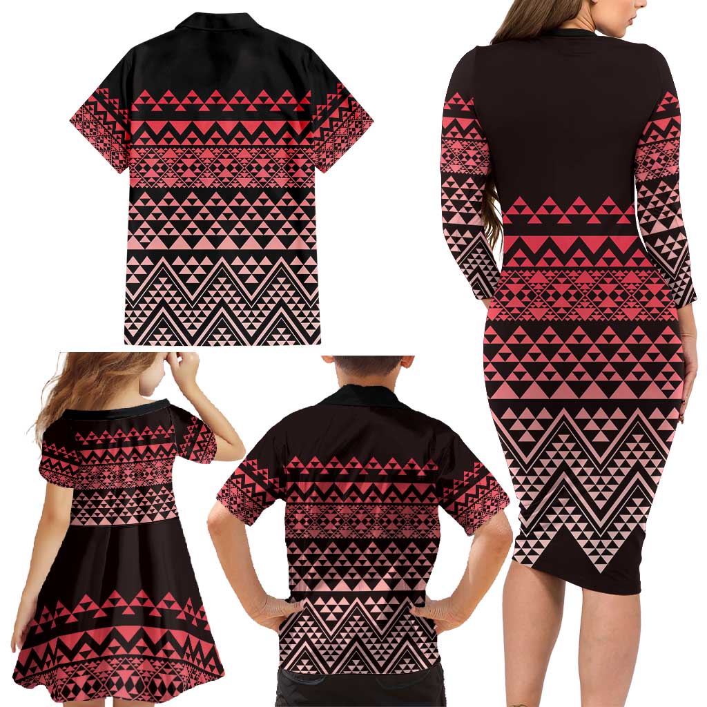 Maori Niho Taniwha Te Wheiao Family Matching Long Sleeve Bodycon Dress and Hawaiian Shirt Terracotta - Polynesian Pride