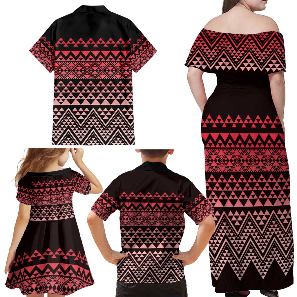 Maori Niho Taniwha Te Wheiao Family Matching Off Shoulder Maxi Dress and Hawaiian Shirt Terracotta - Polynesian Pride