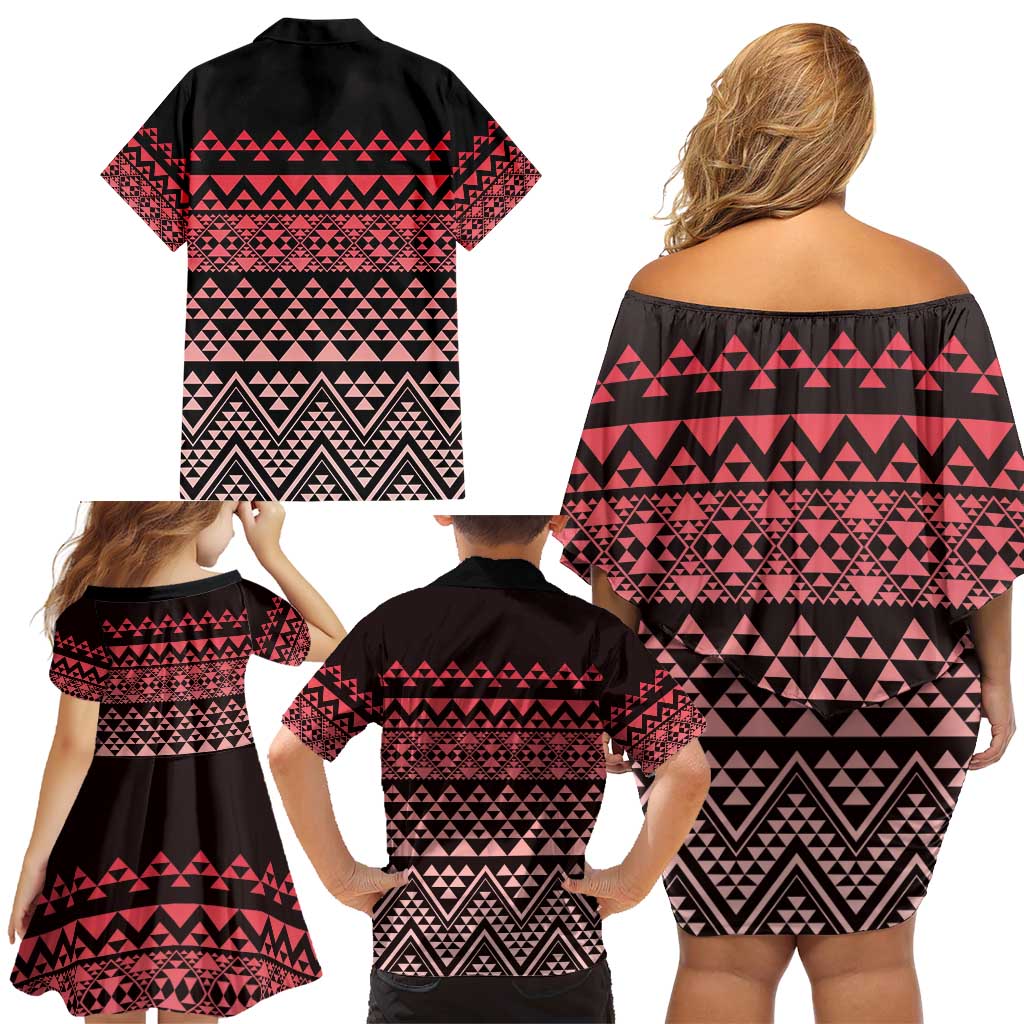 Maori Niho Taniwha Te Wheiao Family Matching Off Shoulder Short Dress and Hawaiian Shirt Terracotta - Polynesian Pride