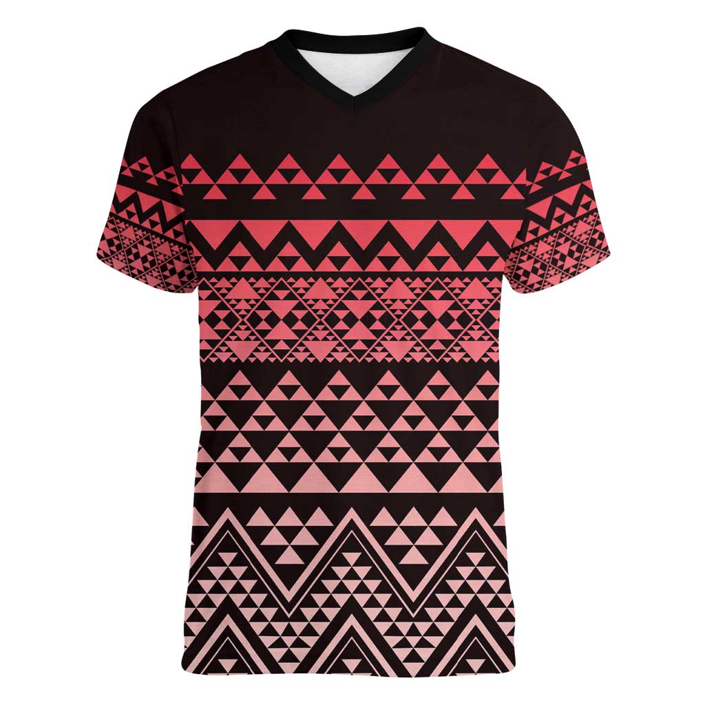 Maori Niho Taniwha Te Wheiao Women V-Neck T-Shirt Terracotta LT7 Female Terracotta - Polynesian Pride