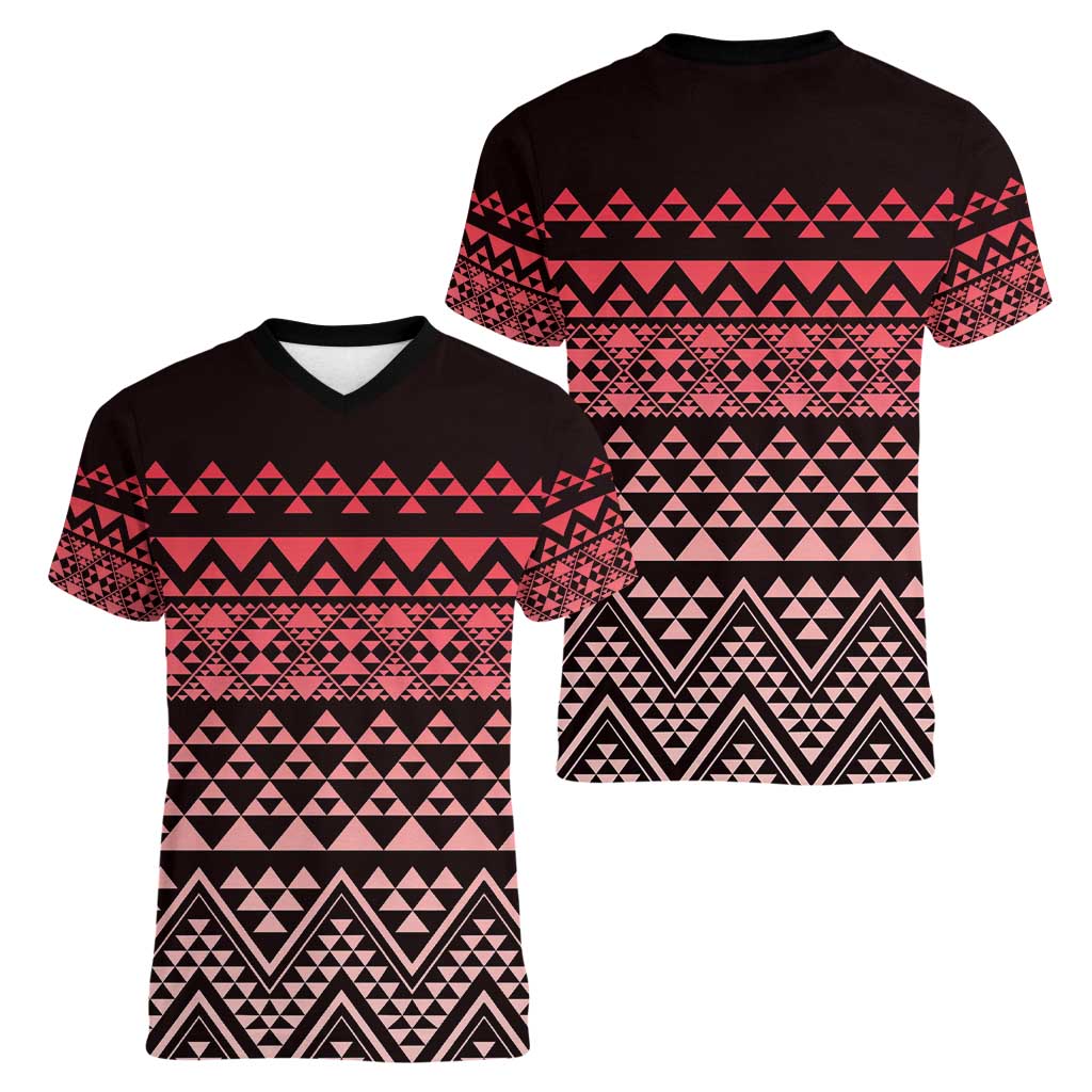 Maori Niho Taniwha Te Wheiao Women V-Neck T-Shirt Terracotta LT7 - Polynesian Pride