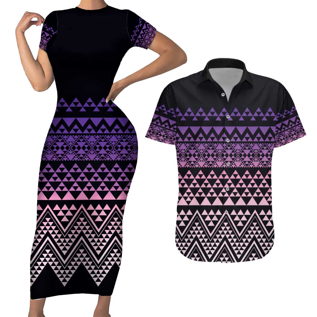Maori Niho Taniwha Te Wheiao Couples Matching Short Sleeve Bodycon Dress and Hawaiian Shirt Waiporoporo - Polynesian Pride