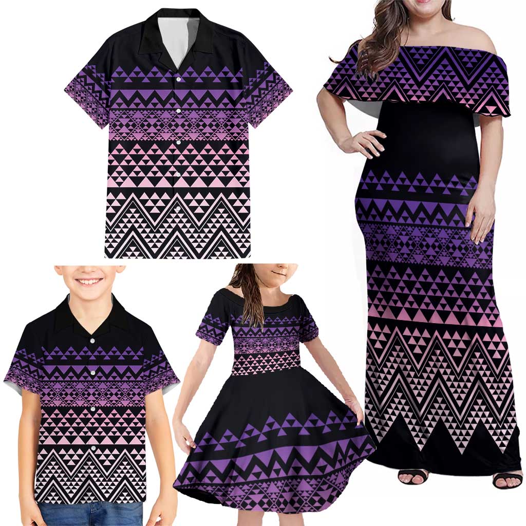 Maori Niho Taniwha Te Wheiao Family Matching Off Shoulder Maxi Dress and Hawaiian Shirt Waiporoporo - Polynesian Pride