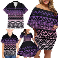 Maori Niho Taniwha Te Wheiao Family Matching Off Shoulder Short Dress and Hawaiian Shirt Waiporoporo - Polynesian Pride