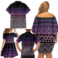 Maori Niho Taniwha Te Wheiao Family Matching Off Shoulder Short Dress and Hawaiian Shirt Waiporoporo - Polynesian Pride