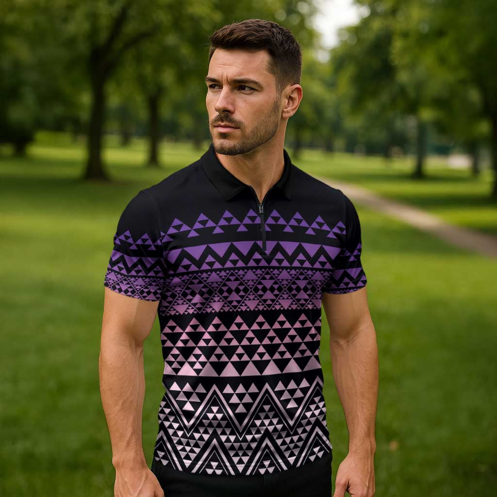 Maori Niho Taniwha Te Wheiao Zipper Polo Shirt Waiporoporo - Polynesian Pride
