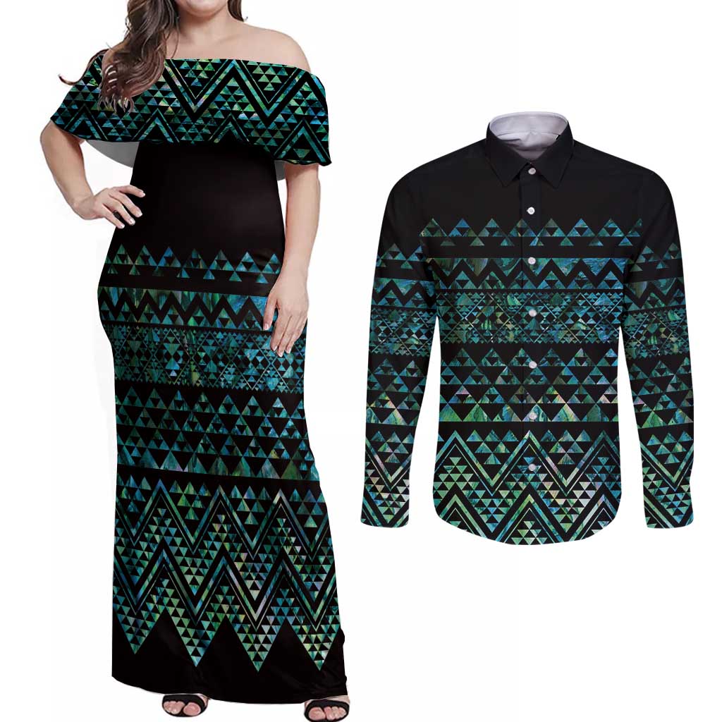 Maori Niho Taniwha Te Wheiao Couples Matching Off Shoulder Maxi Dress and Long Sleeve Button Shirt Paua Shell - Polynesian Pride