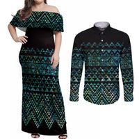 Maori Niho Taniwha Te Wheiao Couples Matching Off Shoulder Maxi Dress and Long Sleeve Button Shirt Paua Shell - Polynesian Pride