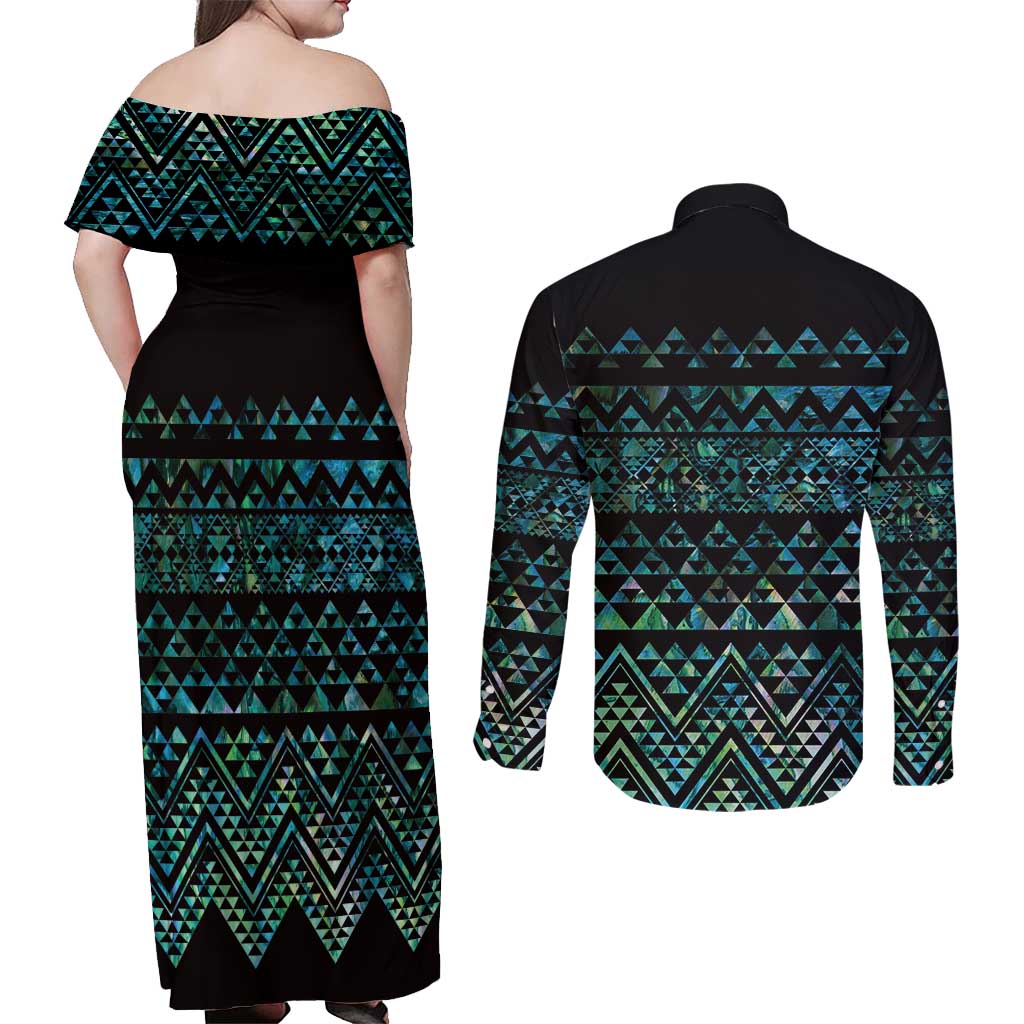 Maori Niho Taniwha Te Wheiao Couples Matching Off Shoulder Maxi Dress and Long Sleeve Button Shirt Paua Shell - Polynesian Pride