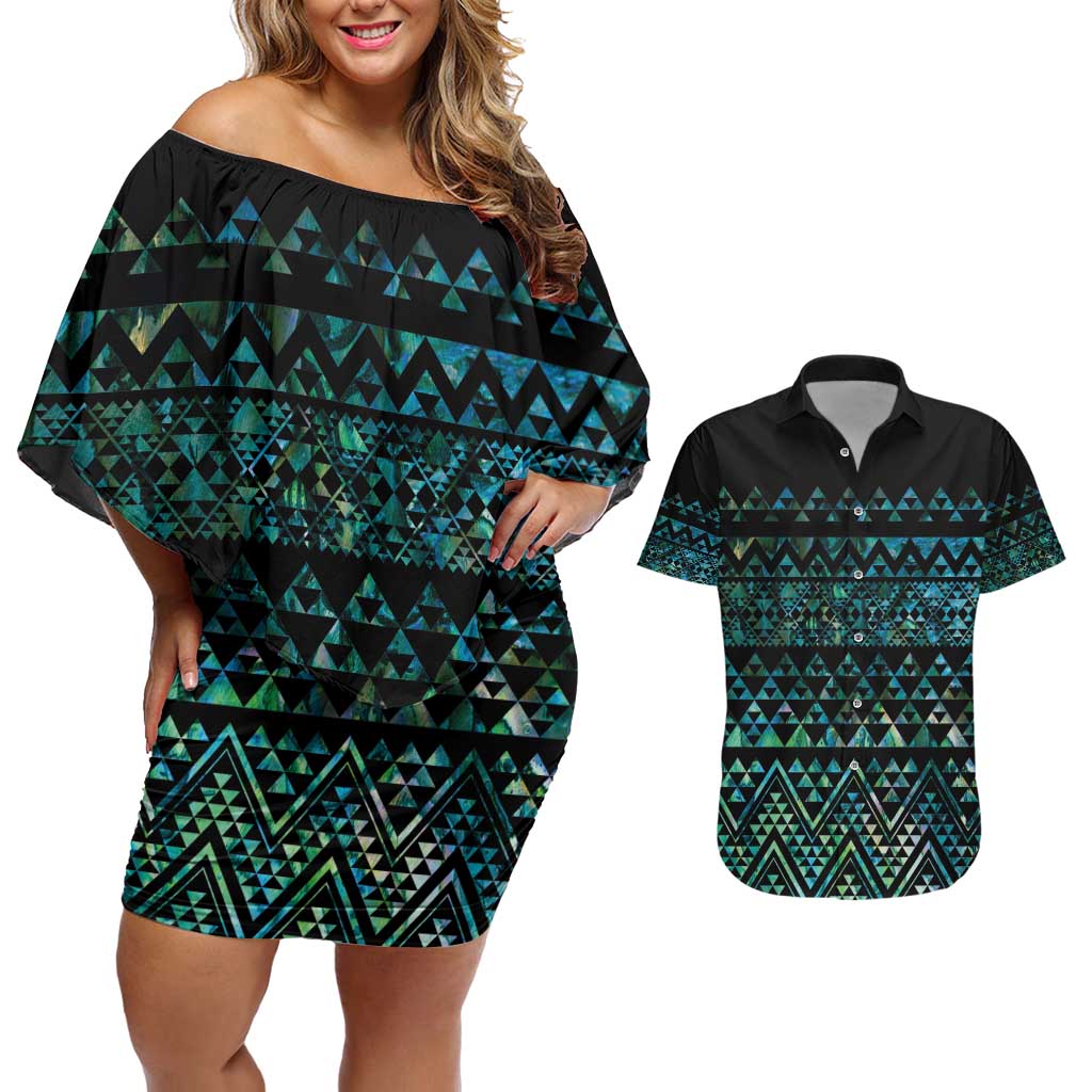 Maori Niho Taniwha Te Wheiao Couples Matching Off Shoulder Short Dress and Hawaiian Shirt Paua Shell - Polynesian Pride