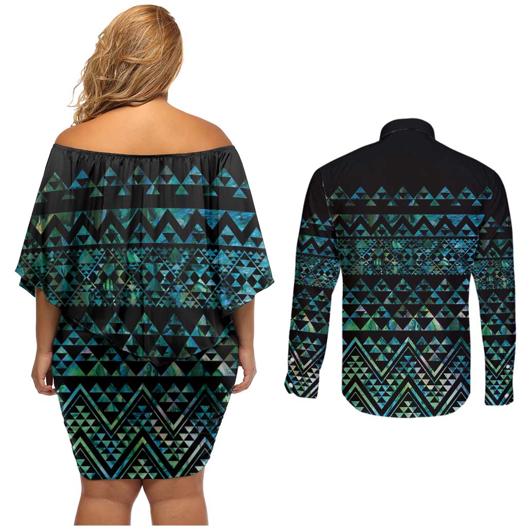 Maori Niho Taniwha Te Wheiao Couples Matching Off Shoulder Short Dress and Long Sleeve Button Shirt Paua Shell - Polynesian Pride