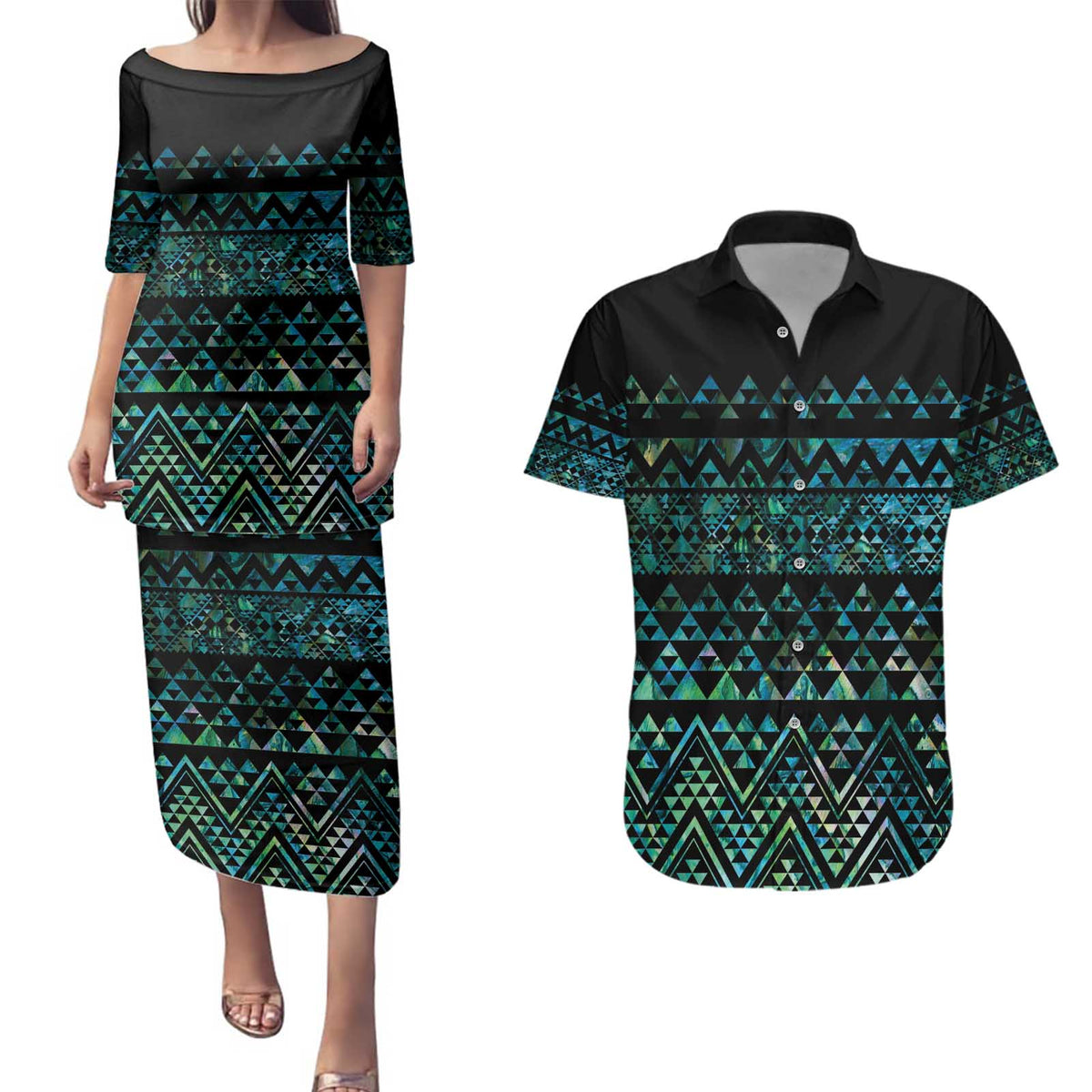 Maori Niho Taniwha Te Wheiao Couples Matching Puletasi and Hawaiian Shirt Paua Shell - Polynesian Pride