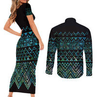 Maori Niho Taniwha Te Wheiao Couples Matching Short Sleeve Bodycon Dress and Long Sleeve Button Shirt Paua Shell - Polynesian Pride