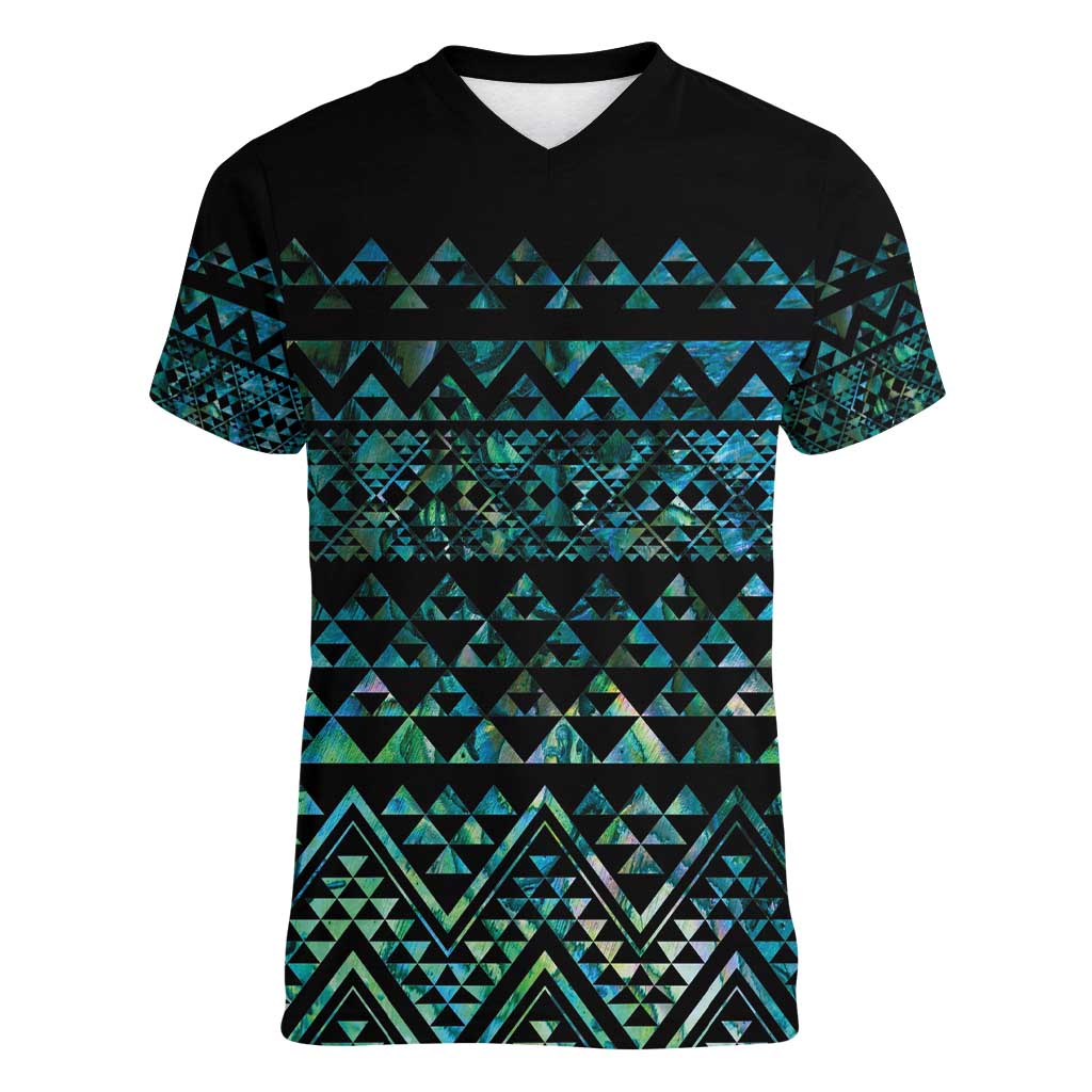 Maori Niho Taniwha Te Wheiao Women V-Neck T-Shirt Paua Shell LT7 Female Colorful - Polynesian Pride