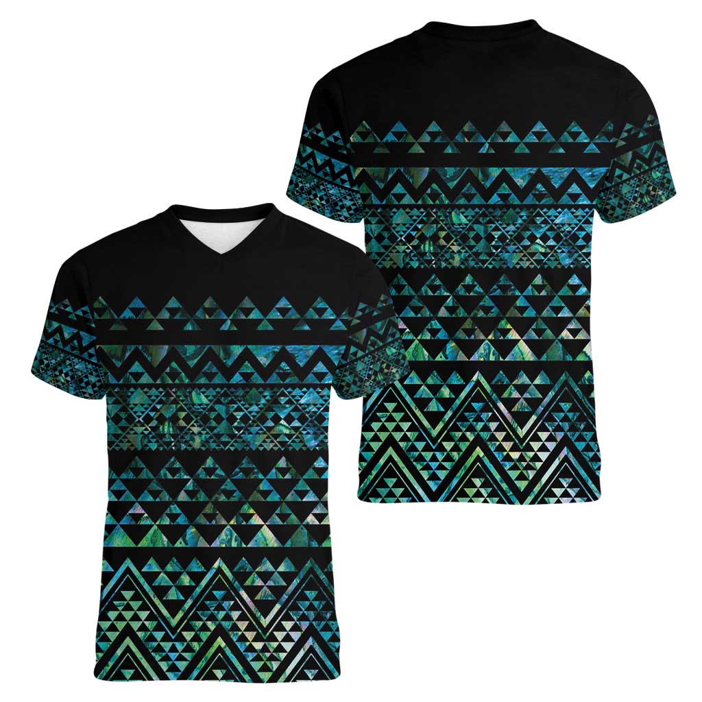 Maori Niho Taniwha Te Wheiao Women V-Neck T-Shirt Paua Shell LT7 - Polynesian Pride