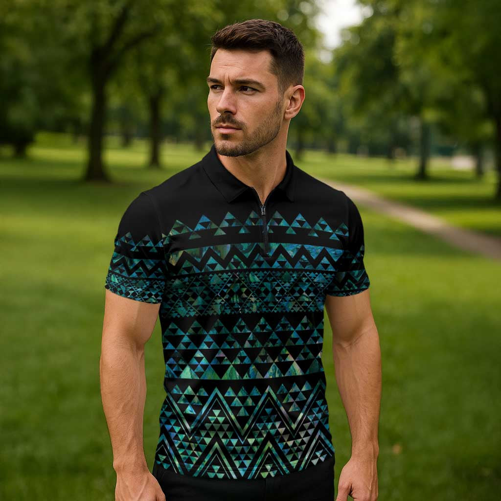Maori Niho Taniwha Te Wheiao Zipper Polo Shirt Paua Shell - Polynesian Pride