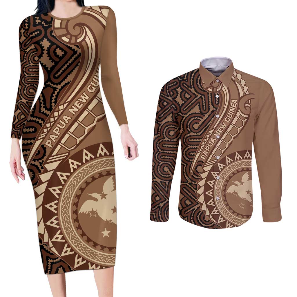 Papua New Guinea Oro Tapa Motif Couples Matching Long Sleeve Bodycon Dress and Long Sleeve Button Shirt Classic LT7 Brown - Polynesian Pride