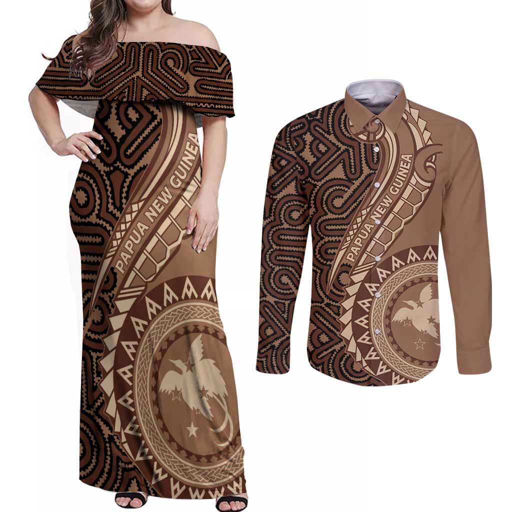 Papua New Guinea Oro Tapa Motif Couples Matching Off Shoulder Maxi Dress and Long Sleeve Button Shirt Classic LT7 Brown - Polynesian Pride