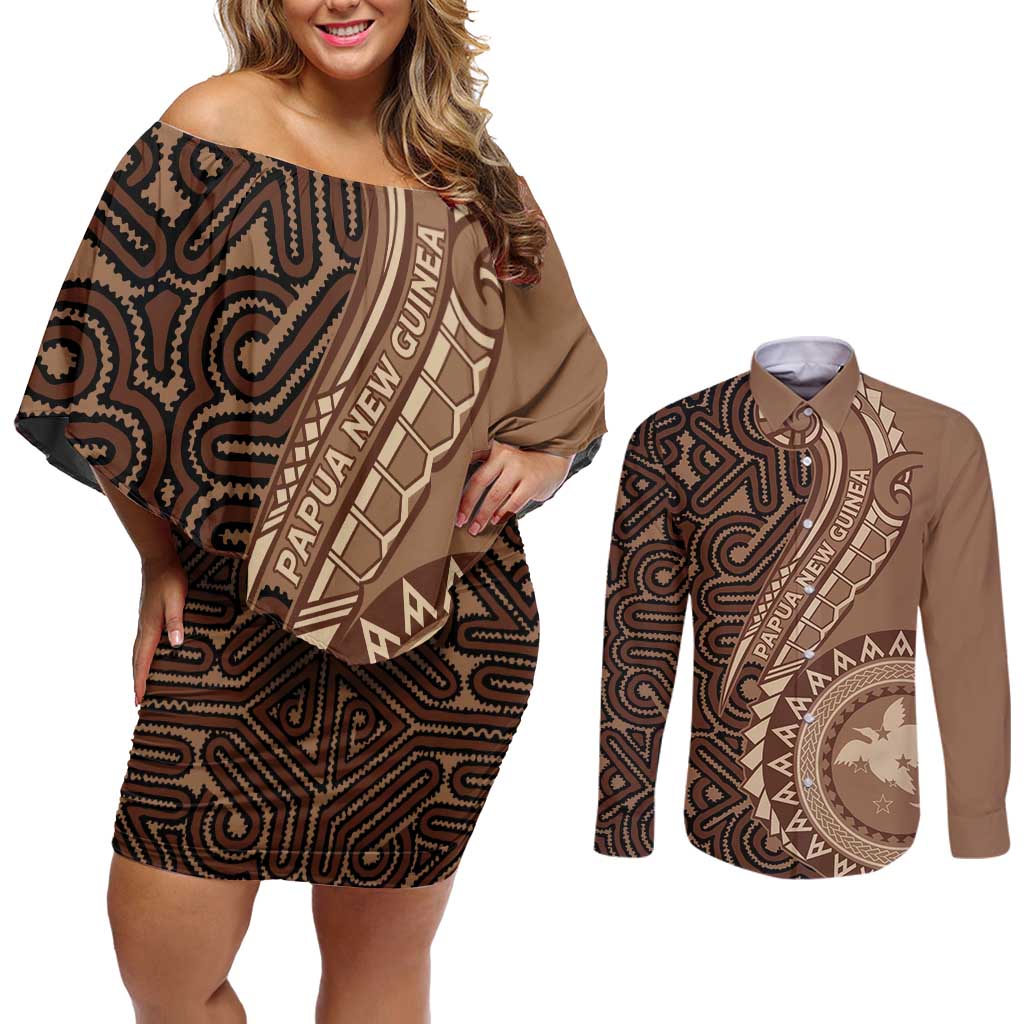 Papua New Guinea Oro Tapa Motif Couples Matching Off Shoulder Short Dress and Long Sleeve Button Shirt Classic LT7 Brown - Polynesian Pride