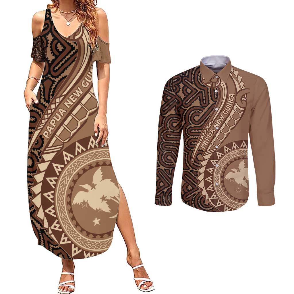 Papua New Guinea Oro Tapa Motif Couples Matching Summer Maxi Dress and Long Sleeve Button Shirt Classic LT7 Brown - Polynesian Pride