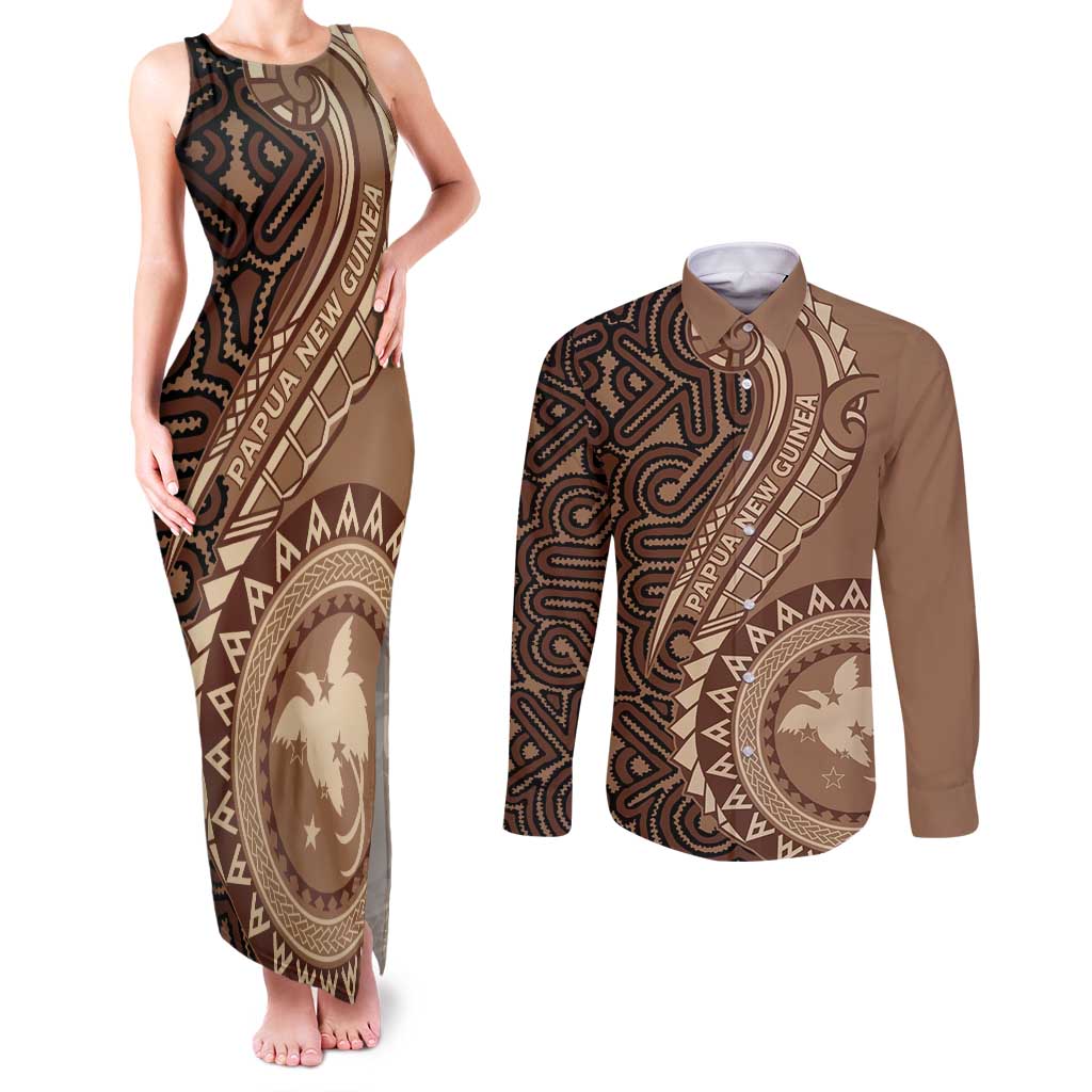 Papua New Guinea Oro Tapa Motif Couples Matching Tank Maxi Dress and Long Sleeve Button Shirt Classic LT7 Brown - Polynesian Pride