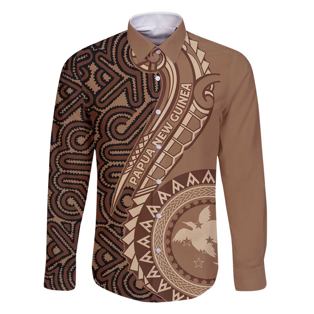 Papua New Guinea Oro Tapa Motif Family Matching Mermaid Dress and Hawaiian Shirt Classic LT7 Dad's Shirt - Long Sleeve Brown - Polynesian Pride