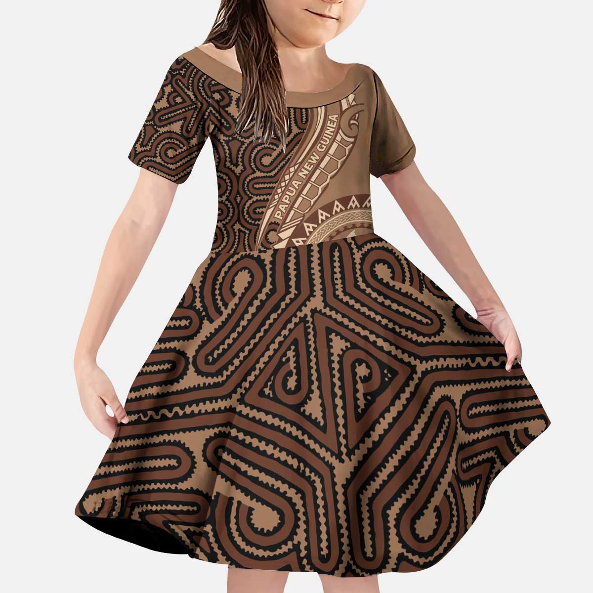 Papua New Guinea Oro Tapa Motif Kid Short Sleeve Dress Classic LT7 KID Brown - Polynesian Pride