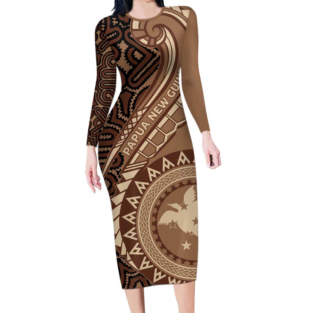 Papua New Guinea Oro Tapa Motif Long Sleeve Bodycon Dress Classic LT7 Long Dress Brown - Polynesian Pride