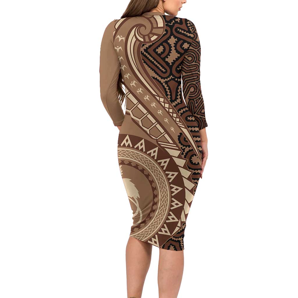 Papua New Guinea Oro Tapa Motif Long Sleeve Bodycon Dress Classic LT7 - Polynesian Pride