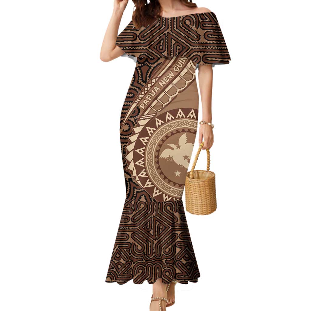 Papua New Guinea Oro Tapa Motif Mermaid Dress Classic LT7 Women Brown - Polynesian Pride