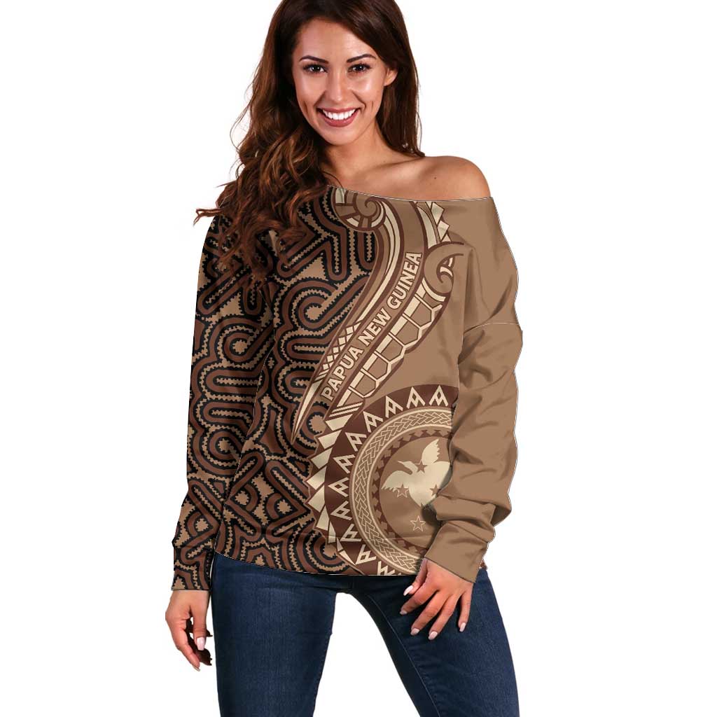 Papua New Guinea Oro Tapa Motif Off Shoulder Sweater Classic LT7 Women Brown - Polynesian Pride