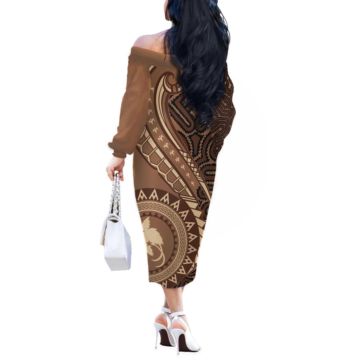 Papua New Guinea Oro Tapa Motif Off The Shoulder Long Sleeve Dress Classic LT7 - Polynesian Pride