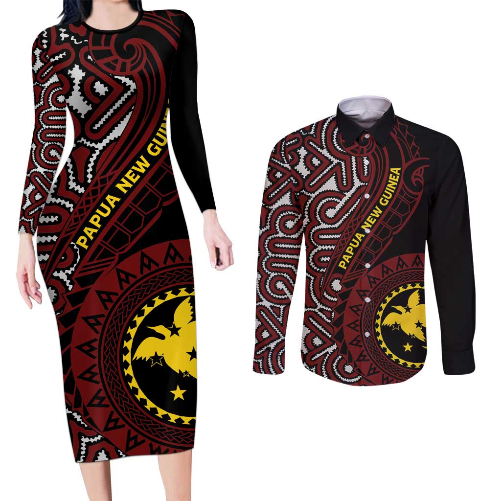Papua New Guinea Oro Tapa Motif Couples Matching Long Sleeve Bodycon Dress and Long Sleeve Button Shirt Special LT7 Black - Polynesian Pride