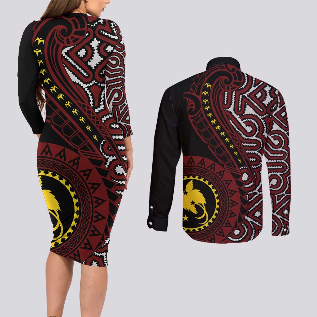 Papua New Guinea Oro Tapa Motif Couples Matching Long Sleeve Bodycon Dress and Long Sleeve Button Shirt Special
