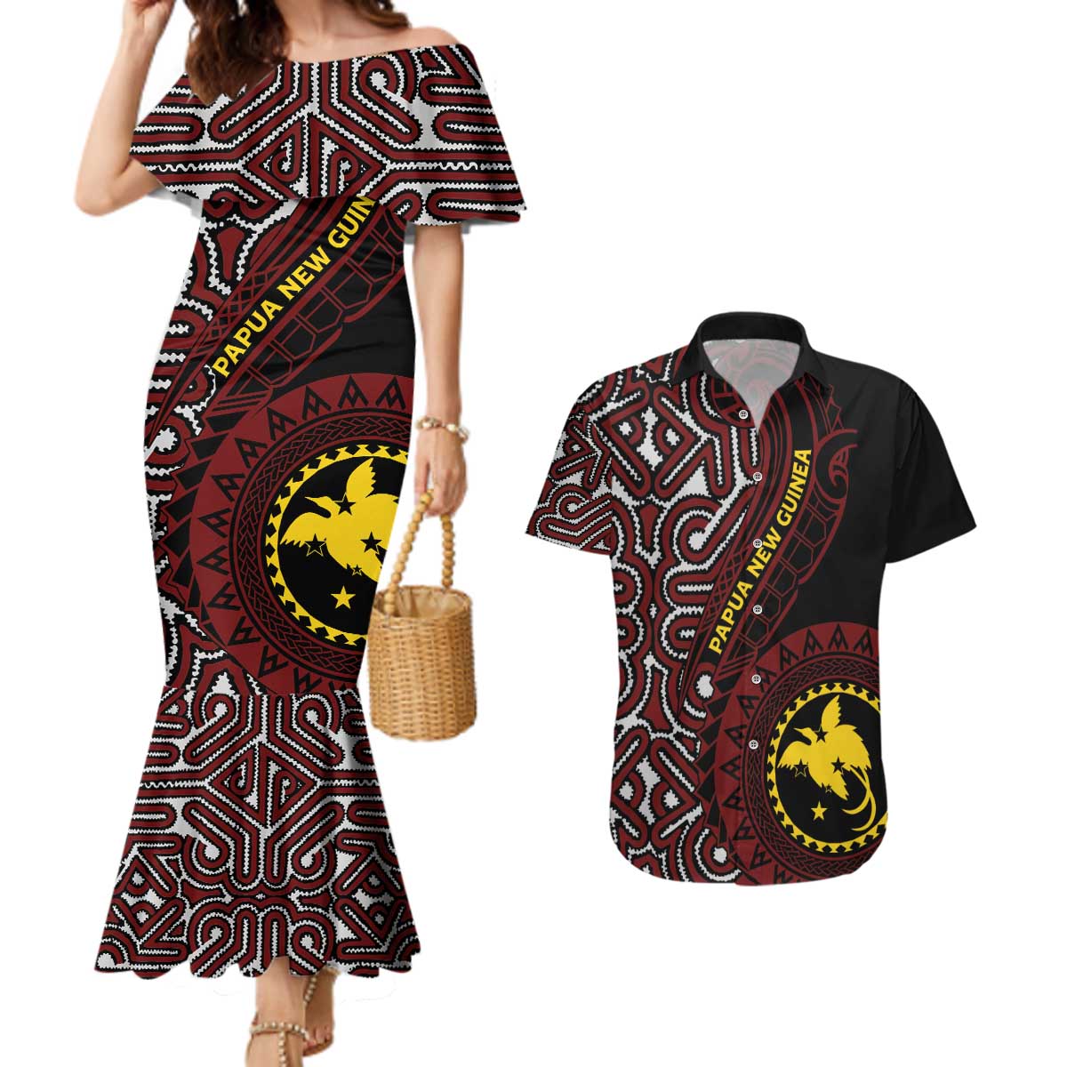 Papua New Guinea Oro Tapa Motif Couples Matching Mermaid Dress and Hawaiian Shirt Special LT7 Black - Polynesian Pride